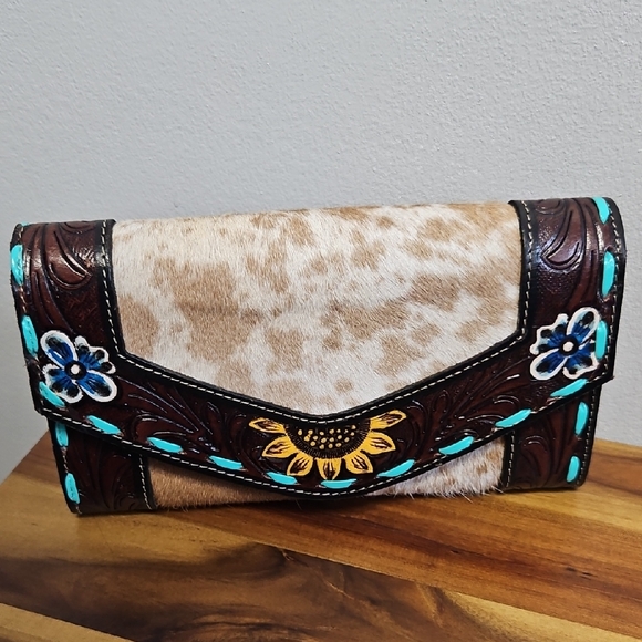 Myra Bag Handbags - Handmade Western Calf Hair Sunflower Tooled Leather Country Clutch Wallet Bifold